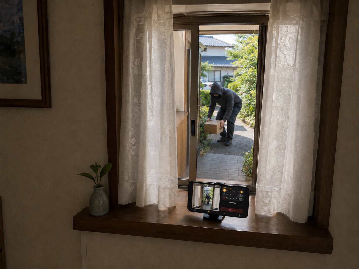 家の中の窓辺にスマートフォンを置き、外カメラを窓の外の置き配エリアへ向けて撮影している設置イメージ