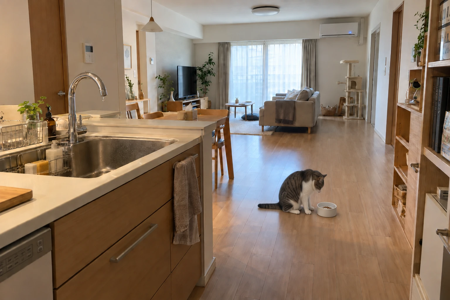 キッチンの蛇口、奥のエアコン、猫と餌の残った器が写る室内の生成イメージ