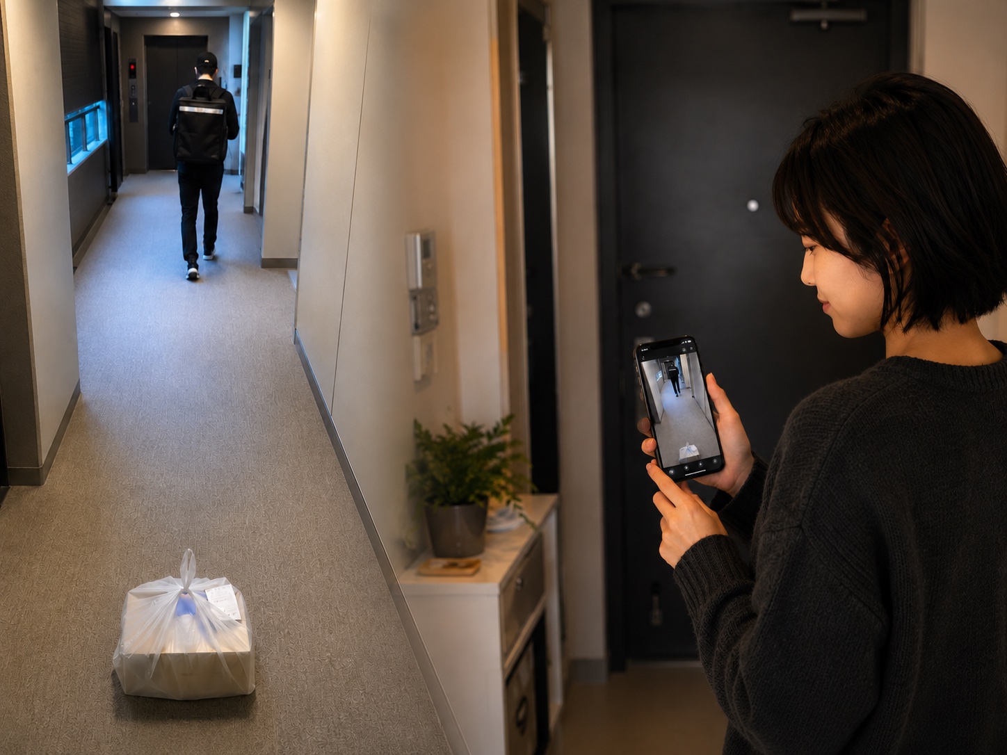 玄関前にフードデリバリーを置く配達員のイメージ