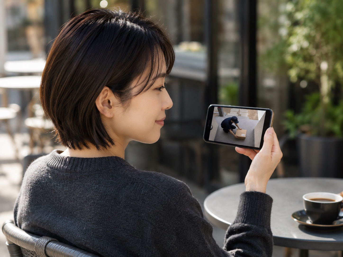 外出先でスマホから置き配エリアの様子を確認している女性